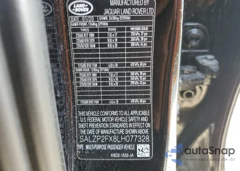 2020 Land Rover Range Rover Evoque Se z USA, uszkodzony, nr VIN SALZP2FX8LH077328